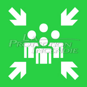 Green evacuation sign “Logo GATHERING POINT”