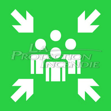 Green evacuation sign “Logo GATHERING POINT” Green evacuation sign “Logo GATHERING POINT”