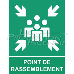 Green evacuation sign “GATHERING POINT” with logo