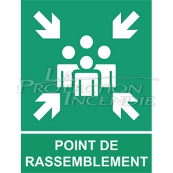 Green evacuation sign “GATHERING POINT” with logo