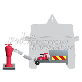 Illustration d'un contrôleur de débit raccordé à un poteau incendie en contrôle déporté sur support mobile.