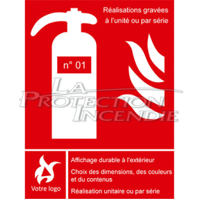 Fire extinguisher sign with logo and text