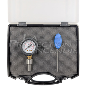 Testing kit with rod and Schrader pressure gauge for testing all permanently pressurized fire extinguishers