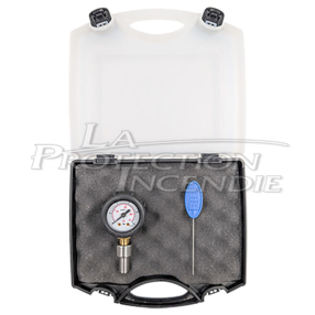 Testing kit with rod and Schrader pressure gauge for testing all permanently pressurized fire extinguishers