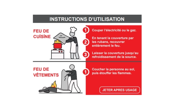 Instruction d'utilisation des couvertures pour feux de cuisine ou de vêtements